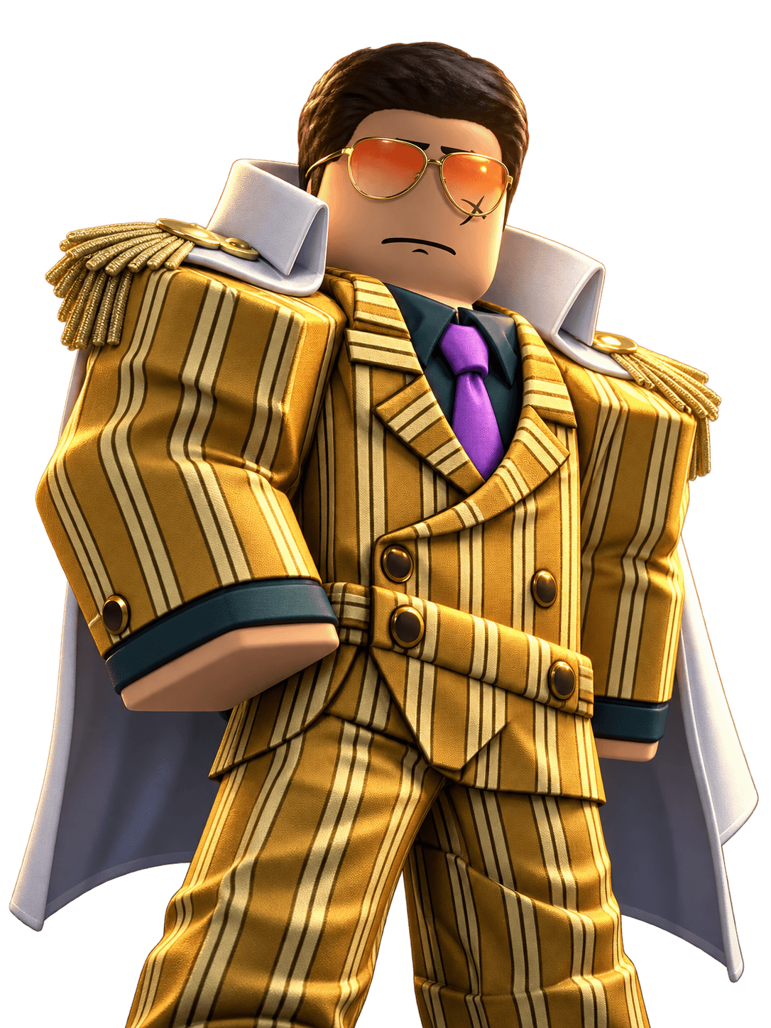 a Roblox avatar in a gold pinstripe admiral suit and orange aviators