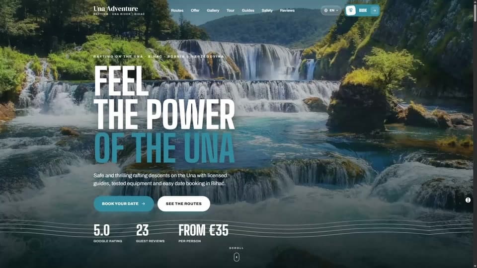 Una Adventure booking site, scrolling through